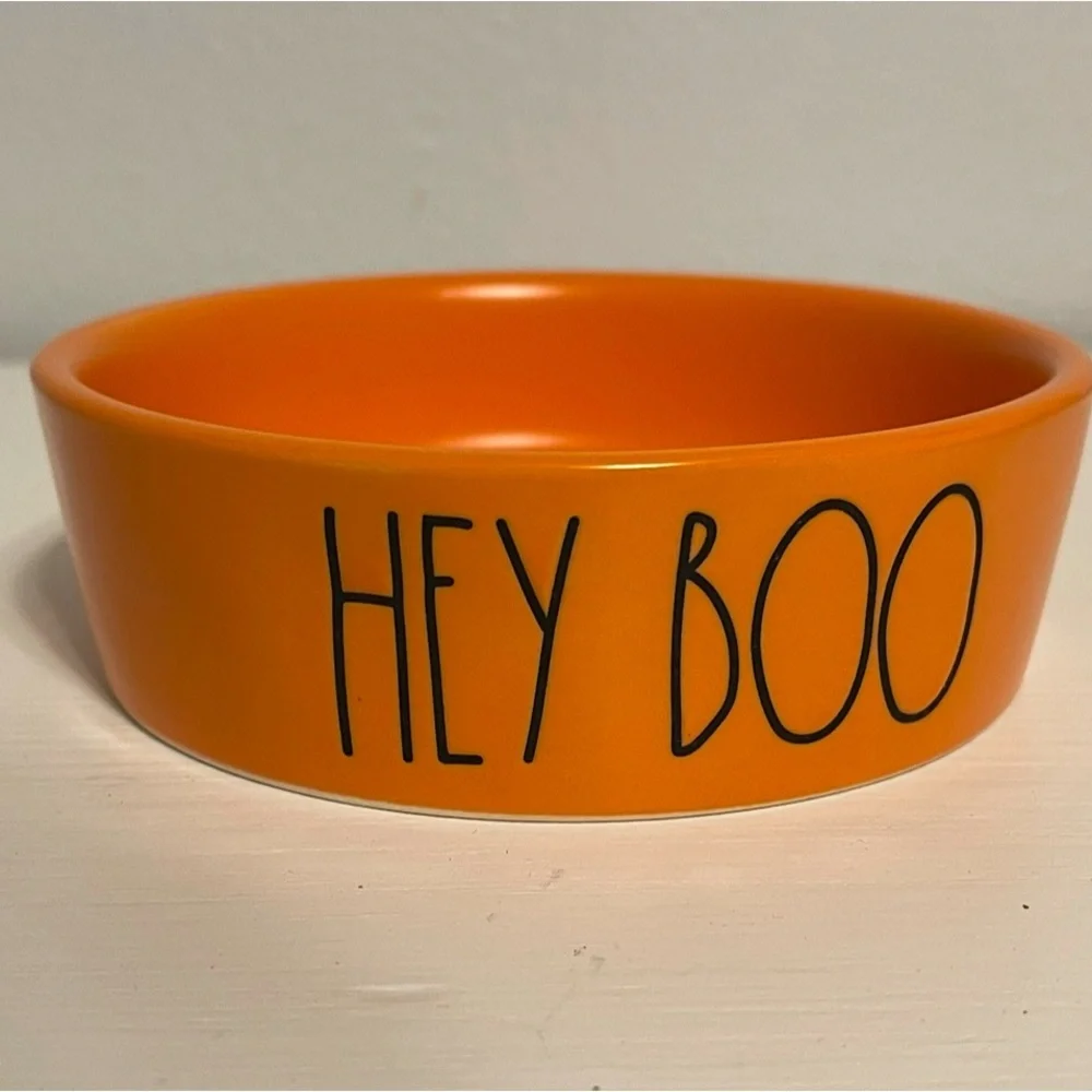 RAE DUNN HALLOWEEN SMALL PET WATER/FOOD BOWL ORANGE/BLACK HEY BOO CAT/DOG